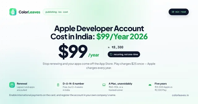 Apple Developer Account Cost in India: $99 a year for 2026, roughly ₹8,300 and recurring rather than one-time, with notes on renewal, the D-U-N-S number, needing a Mac, and ₹41,500 over five years against Play’s ₹2,100