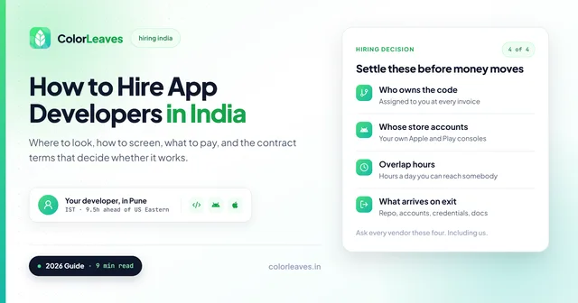 How to Hire App Developers in India, with the four things to settle before money moves: who owns the code, whose store accounts, overlap hours, and what arrives on exit