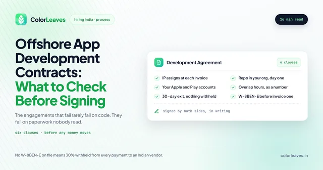 Offshore App Development Contracts: What to Check Before Signing, a development agreement card of six clauses including IP assigning at each invoice, your own Apple and Play accounts, a 30-day exit withholding nothing, and W-8BEN-E before invoice one
