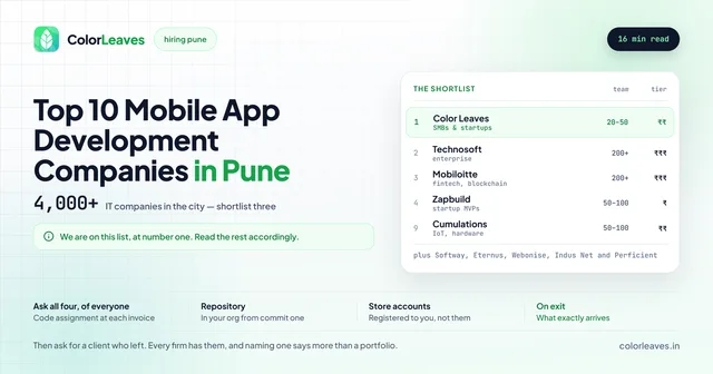 Top 10 Mobile App Development Companies in Pune, a shortlist drawn from 4,000+ IT companies in the city, with Color Leaves at number one beside Technosoft, Mobiloitte, Zapbuild and Cumulations, and a note on the cover that we are on our own list