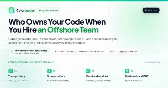 Who Owns Your Code When You Hire an Offshore Team, listing the four things that must be in your name: the repository, store accounts, cloud and services, and the domain and DNS