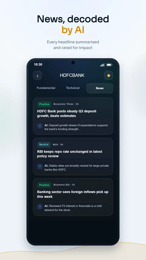 StockGenie news screen showing market headlines tagged positive or neutral with AI summaries